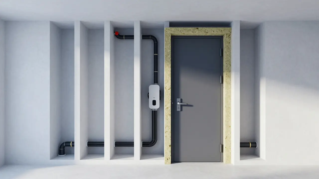 Modern, organized utility room with fire-safe seals and expansion space