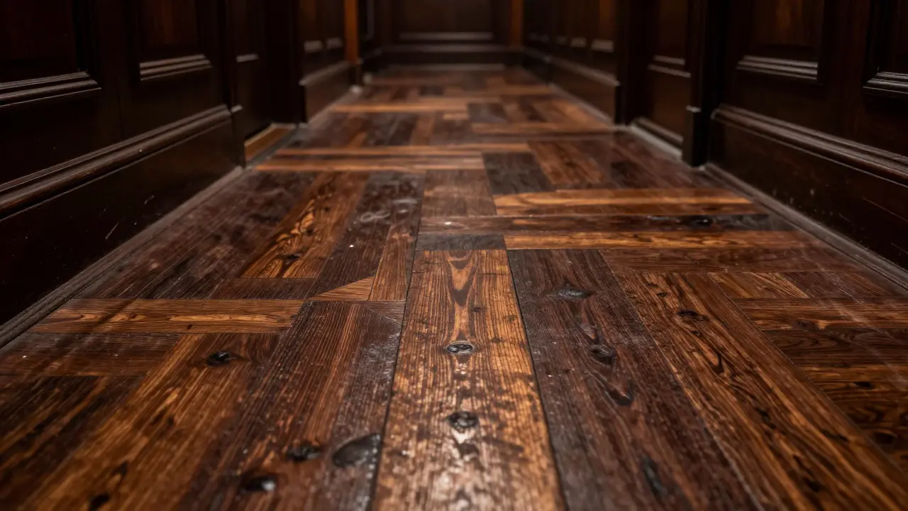 Nahaufnahme von klassischem Massiv-Stabparkett in dunklem Holz