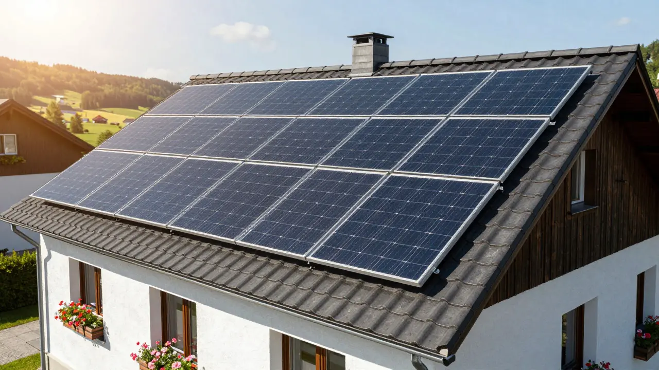 Neues Dach mit integrierten Solarmodulen bei Sonnenschein