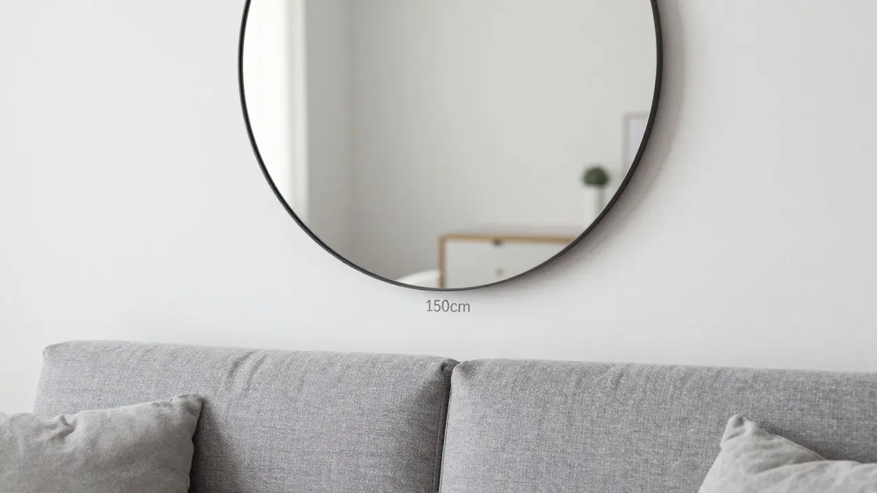 Rahmenloser Spiegel in Augenhöhe über Sofa für optimale Raumwirkung
