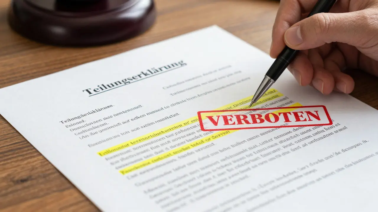 Rechtsdokumente wie Teilungserklärung auf Tisch mit Stempel