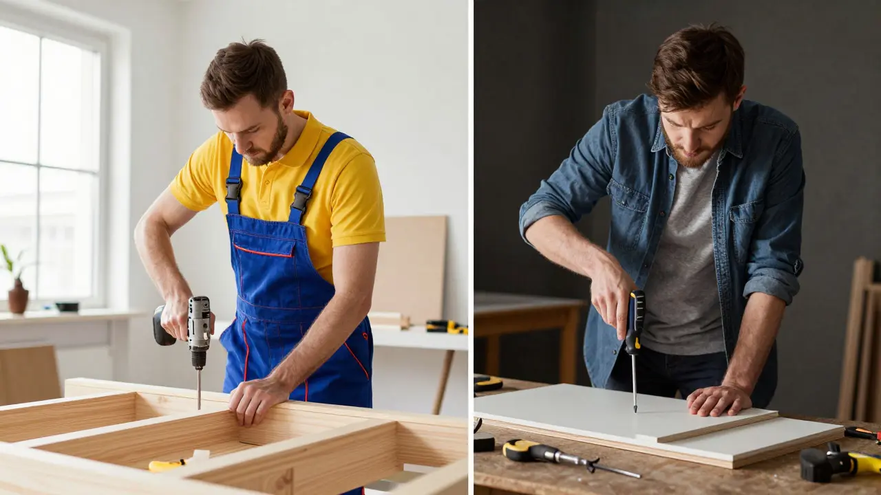 Split-Screen: Professionelle Werkstatt links, Heimwerker-DIY rechts