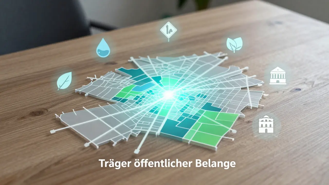 Symbolische Darstellung verschiedener Behörden um eine Stadtplan-Karte