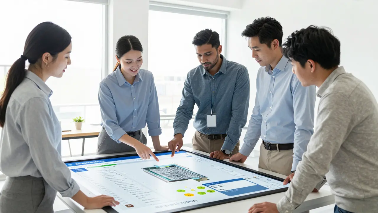 Team nutzt digitales Dashboard zur effizienten Immobilienverwaltung im Büro