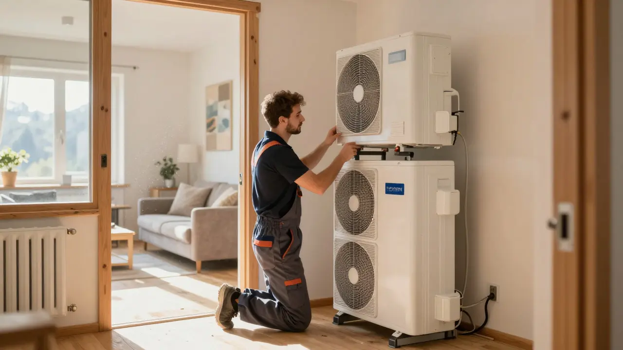 Techniker installiert eine moderne Wärmepumpe in einem renovierten österreichischen Haus