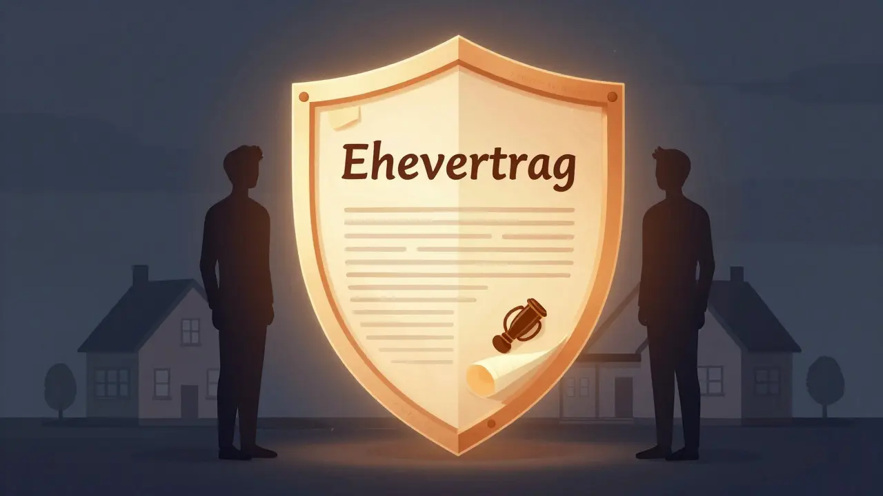 Zwei Silhouetten geschützt durch einen Vertragsschild vor einem Haus