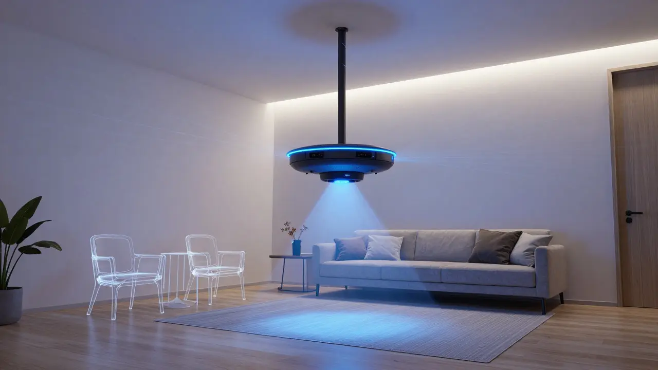 3D scan visualization of a room with laser grids and wireframe overlays