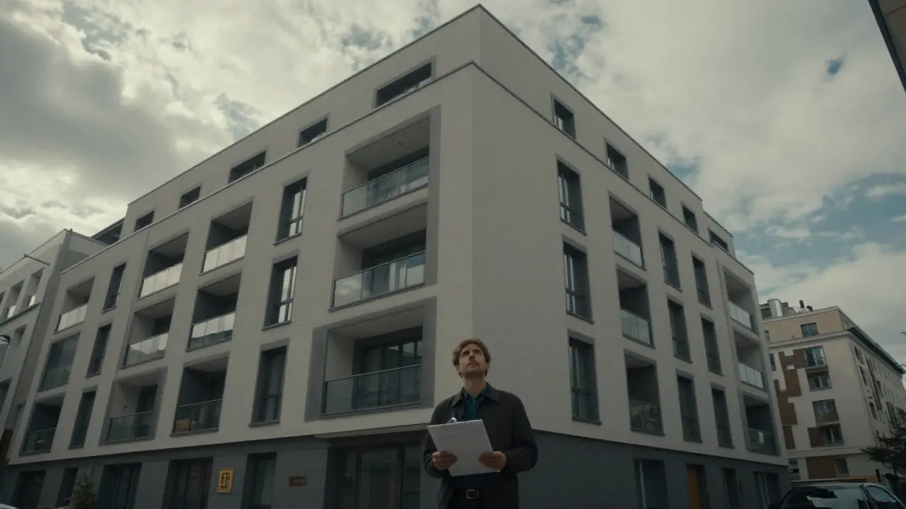 Ansicht einer Wohnhausfassade mit Fokus auf Wartungsbedarf