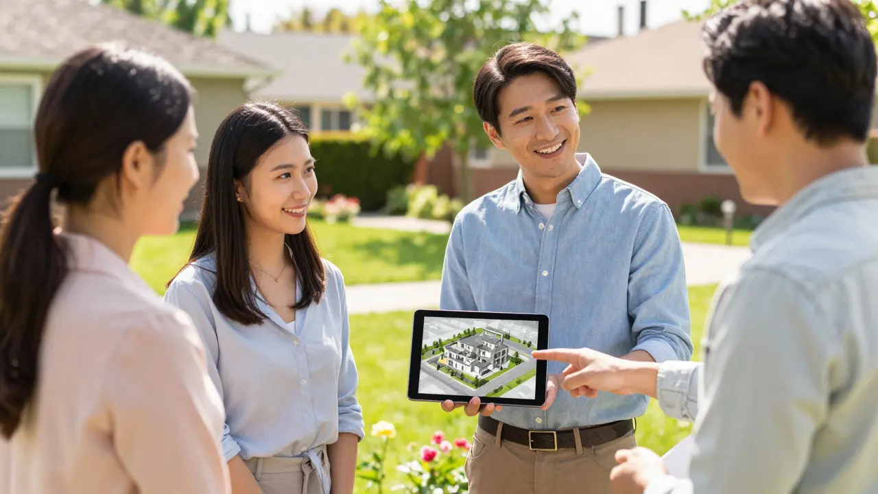 Architekt erklärt Nachbarn 3D-Modell im Garten
