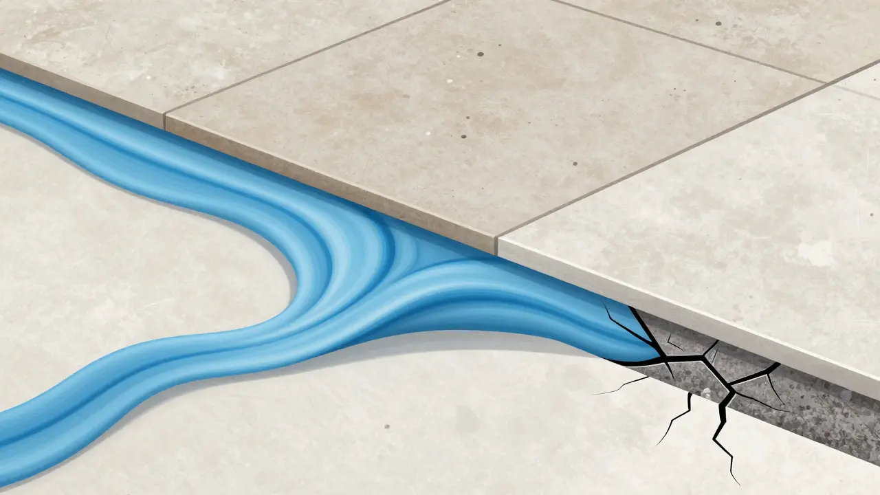 Cross-section illustration showing flexible adhesive absorbing floor movement