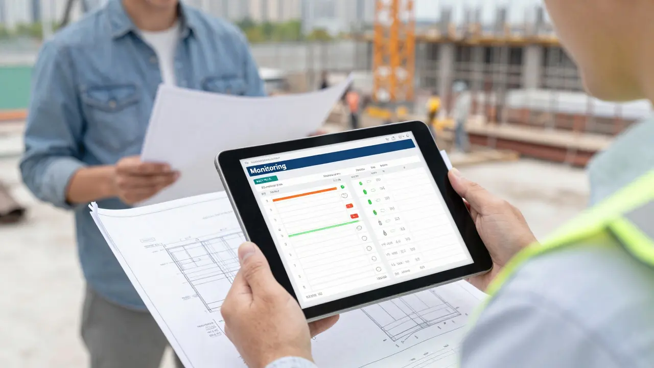 Experte prüft digitale Messdaten auf Tablet vor Baustellenhintergrund