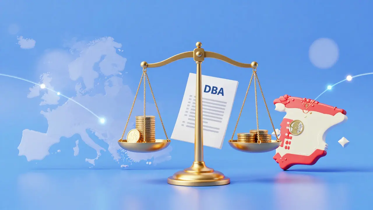 Goldene Waage mit DBA-Dokument und Euro-Münzen