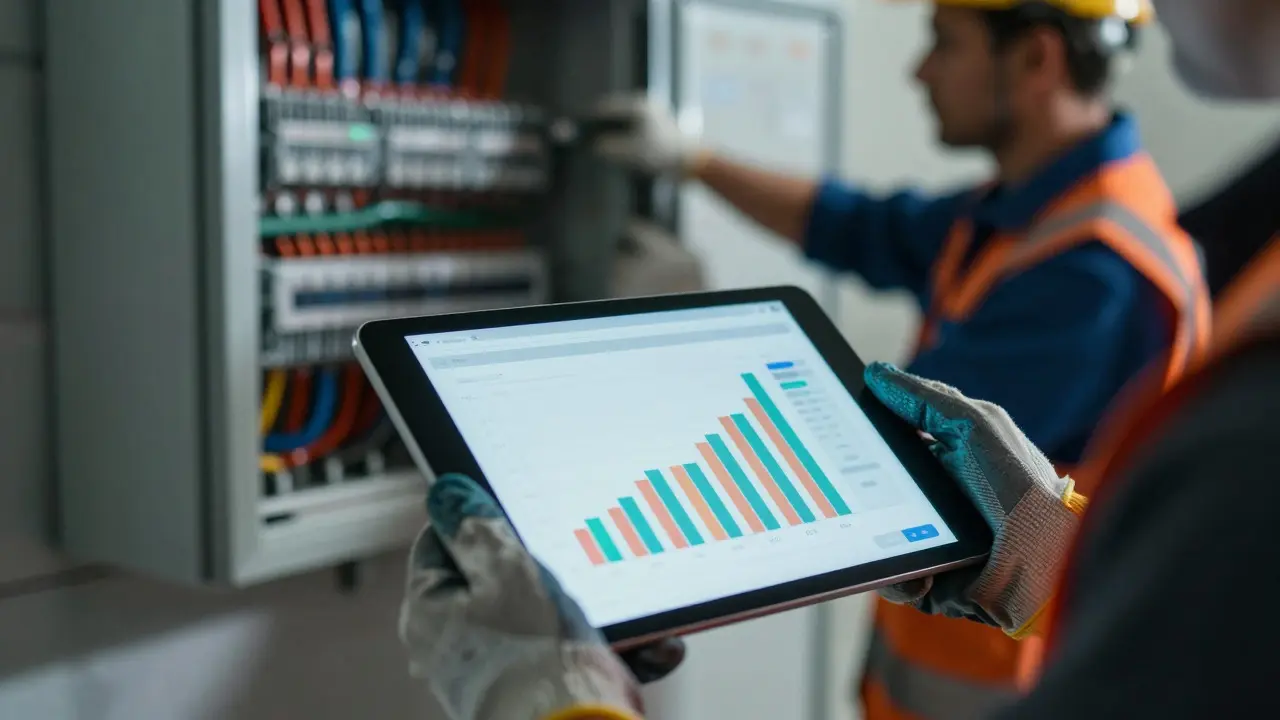 Hände in Arbeitshandschuhen halten ein Tablet mit unscharfem Diagramm vor einem Handwerker im Hintergrund