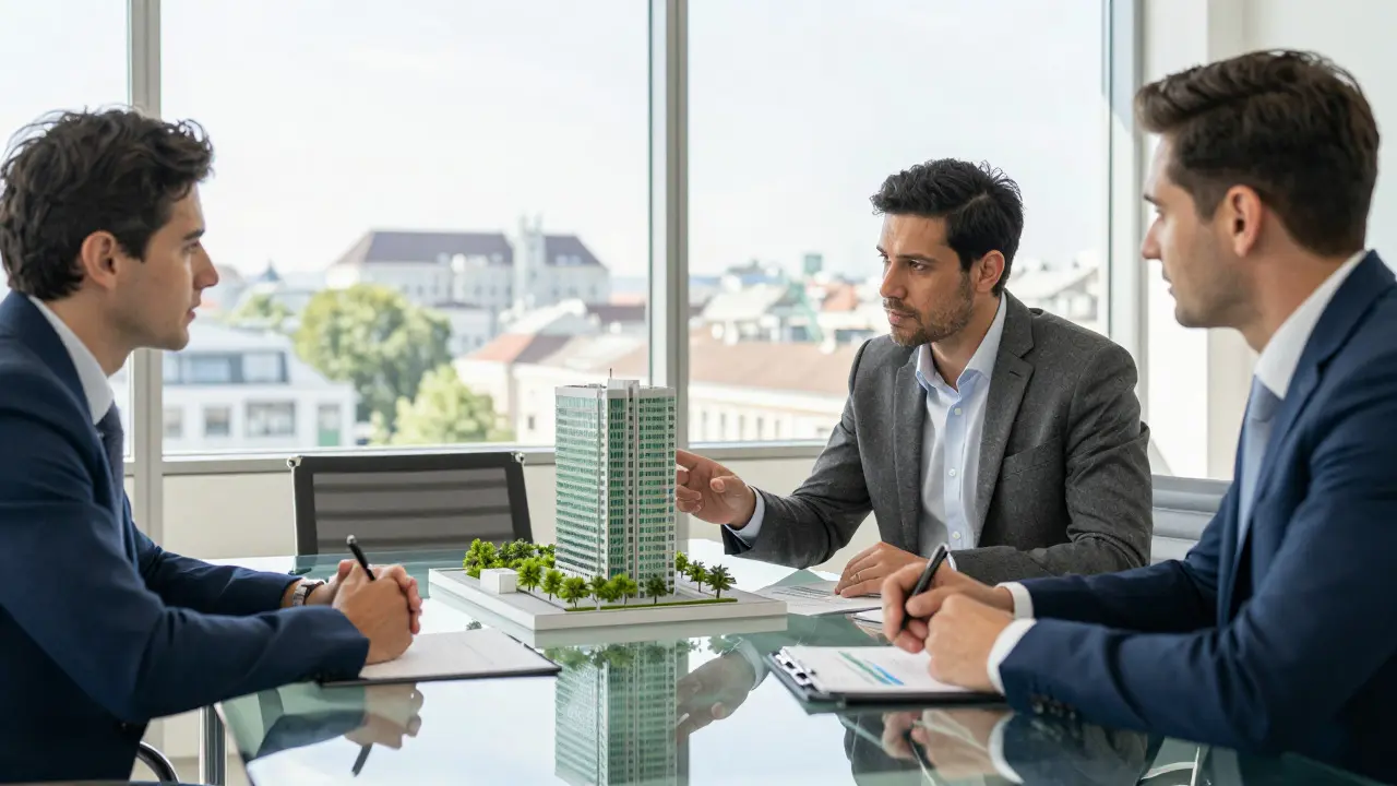 Investoren diskutieren Immobilienmodelle im modernen Büro
