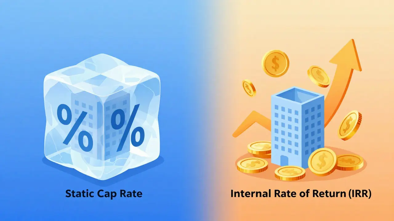 Konzeptgrafik: Statisches Cap Rate vs. dynamischer IRR