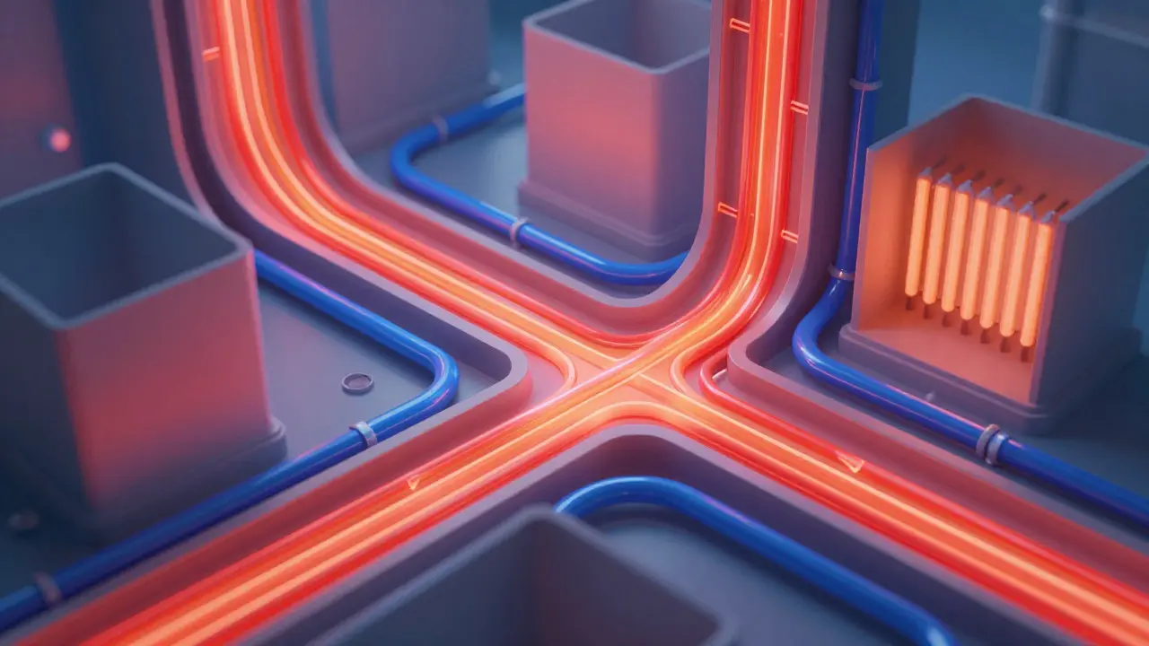 Konzeptionelle 3D-Visualisierung der Wasserströme und Wärmeverteilung im Heizsystem