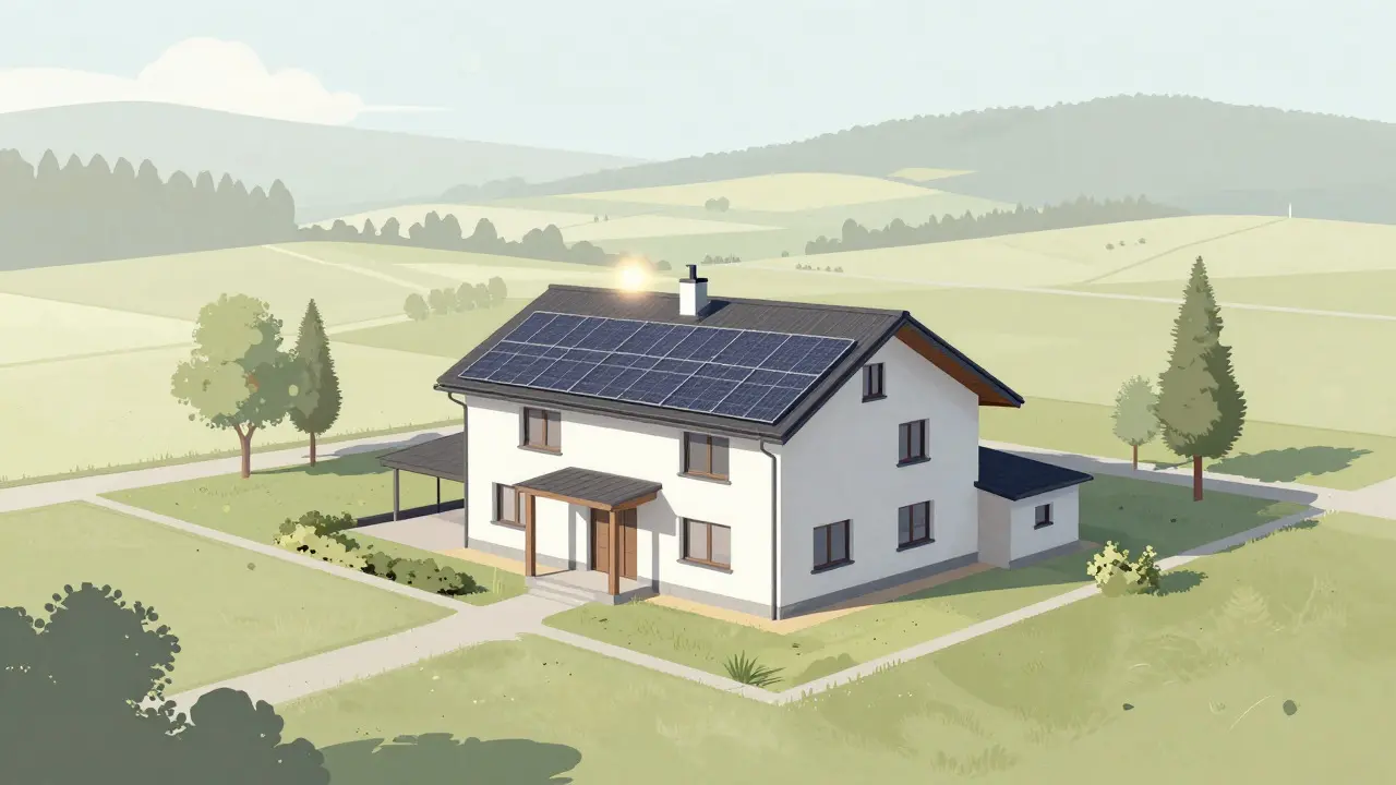 Konzeptionelle Darstellung eines energieeffizienten Bungalows auf ländlichem Grundstück