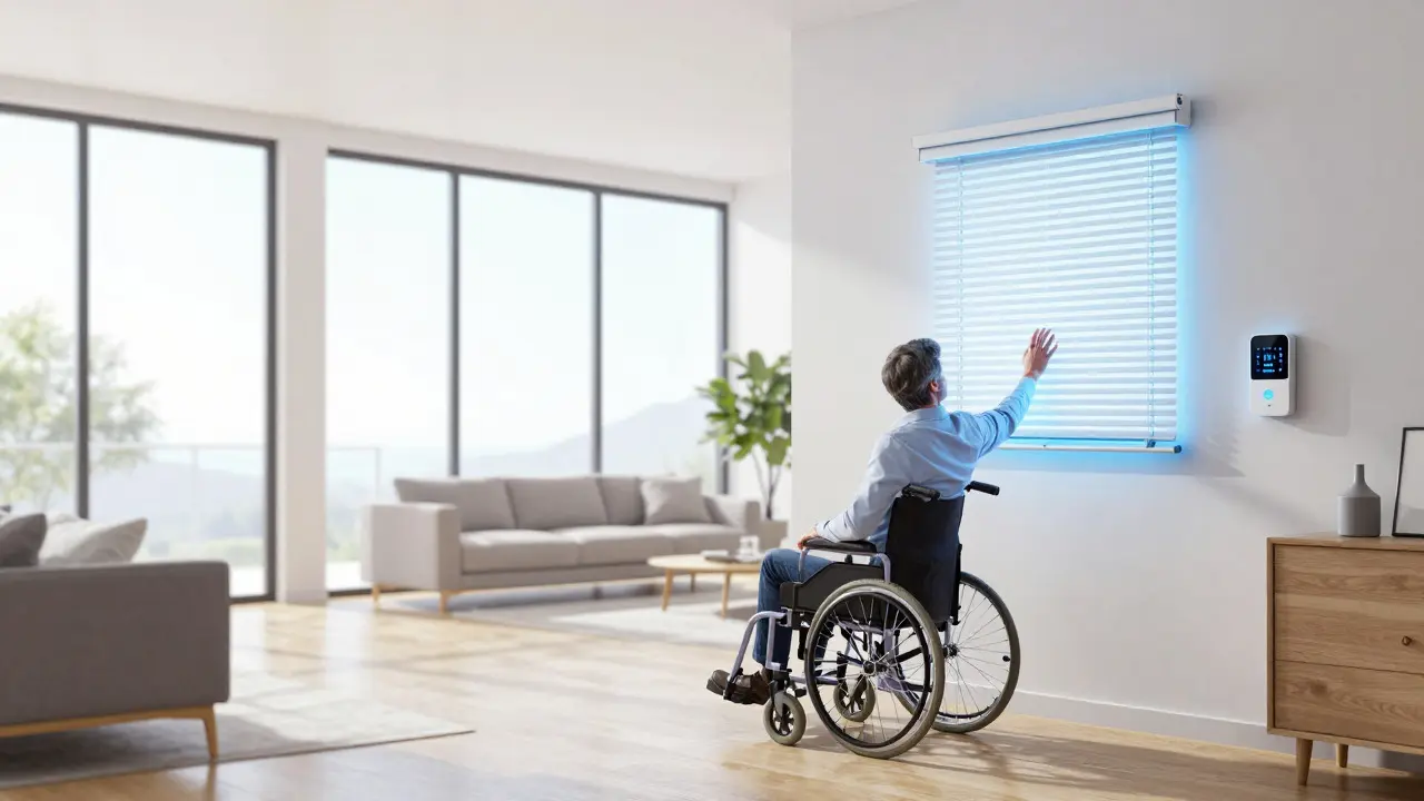 Person nutzt Smart-Home-Technik in hellem, zugänglichen Wohnzimmer