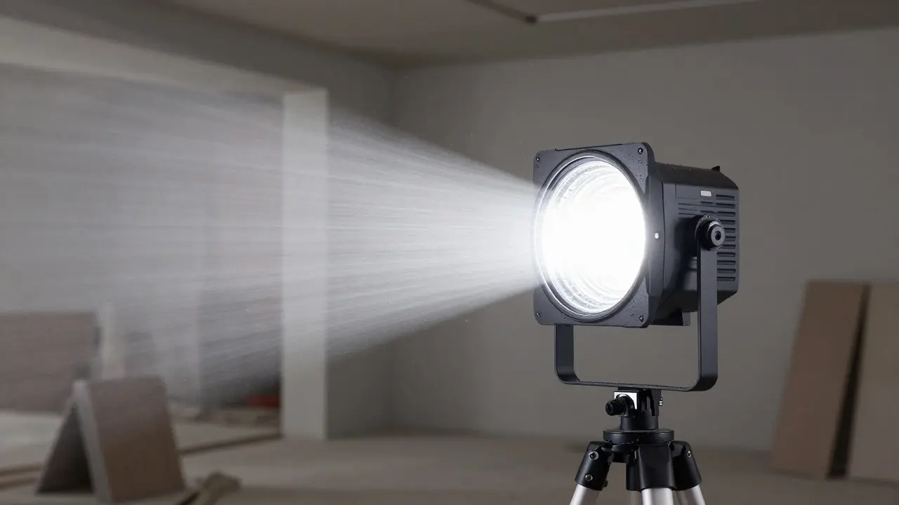 Robuster LED-Arbeitsscheinwerfer auf Stativ mit hellem Lichtkegel