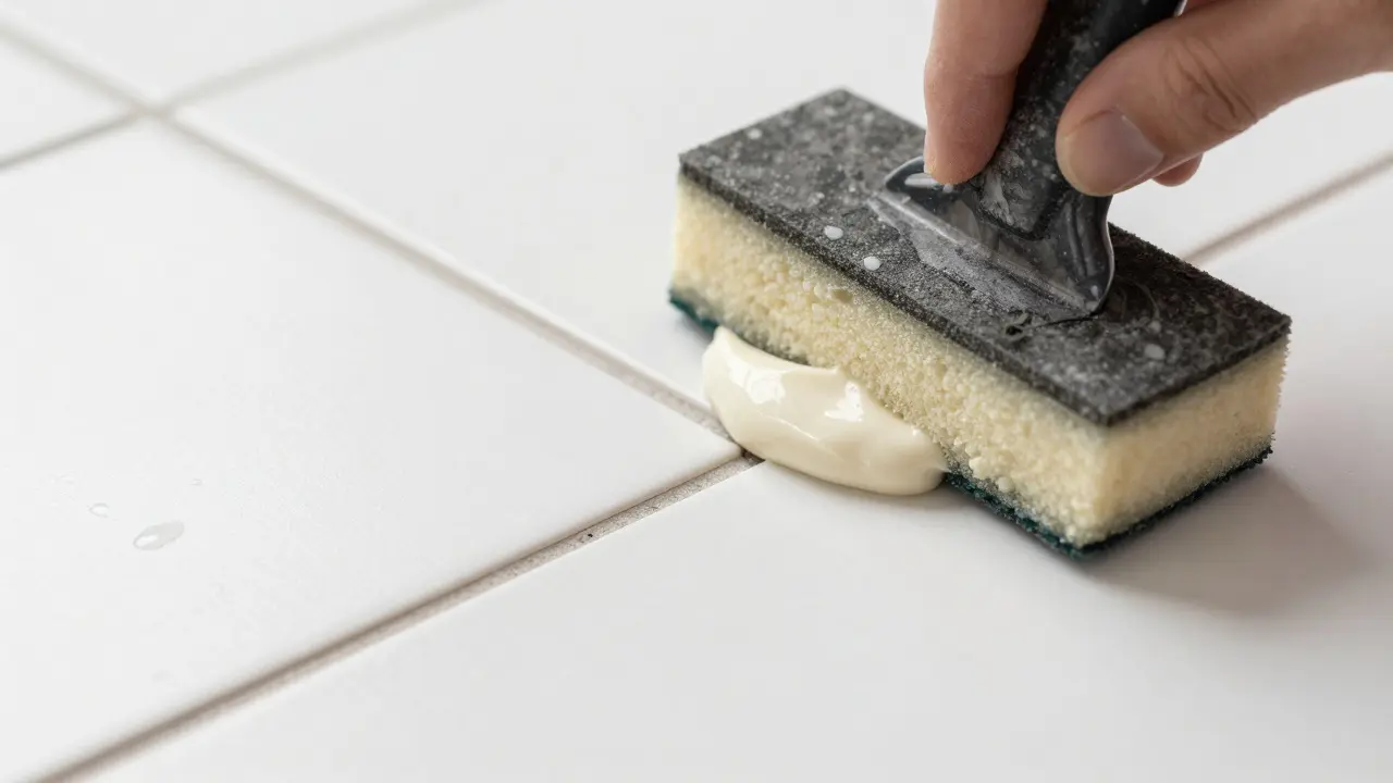 Rubber float pressing grout into gaps between white ceramic tiles