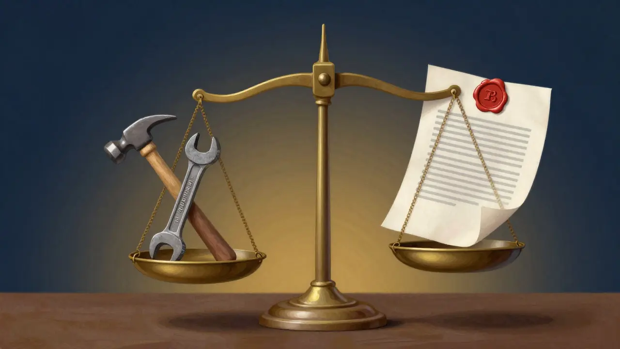 Scales of justice balancing a hammer and wrench against a legal document