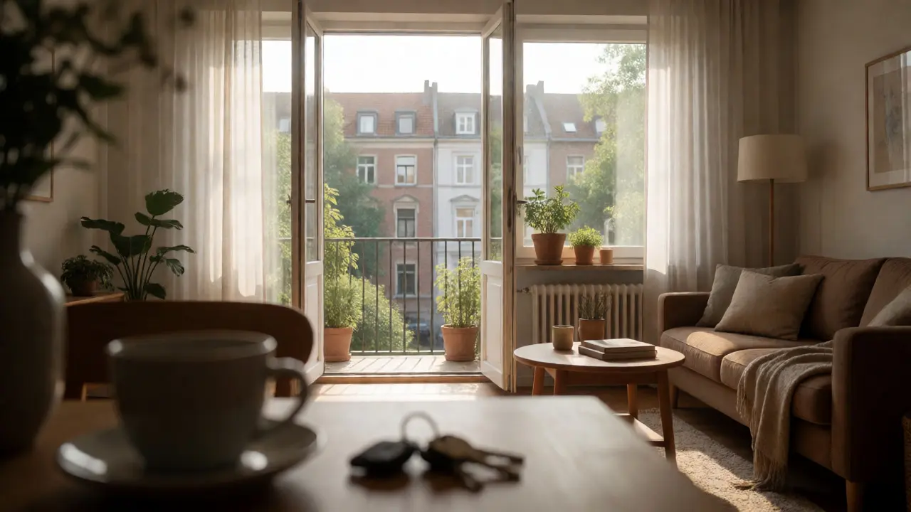 Sonnenlicht durchflutet das Wohnzimmer einer frisch gekauften Wohnung.