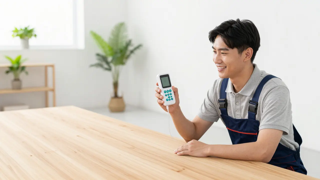 Technician measuring air quality near a clean wooden floor in a bright, modern, plant-filled living room