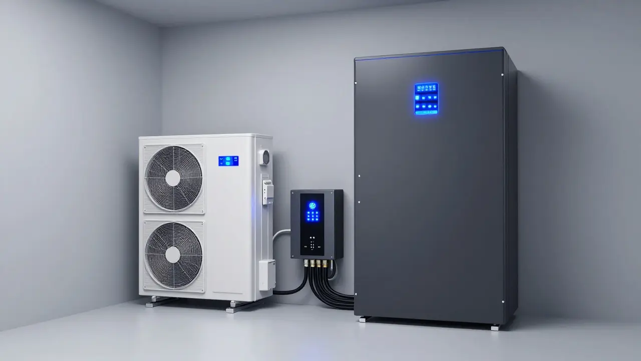 Technikraum mit Batteriespeicher und Wärmepumpe als Energiezentrale