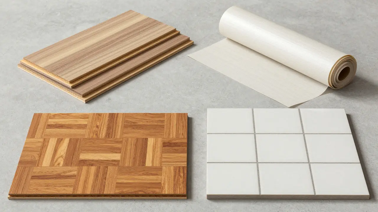 Vergleich von Laminat, Vinyl, Parkett und Fliesen-Proben