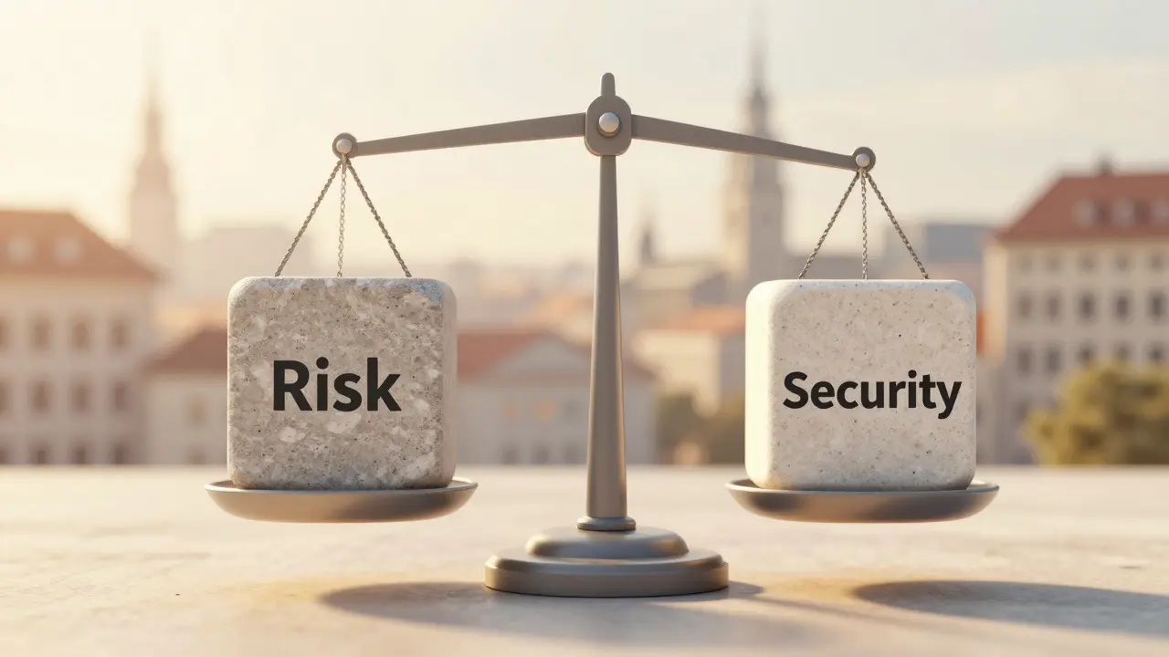 Waage zwischen Risiko und Sicherheit im Immobilienkontext