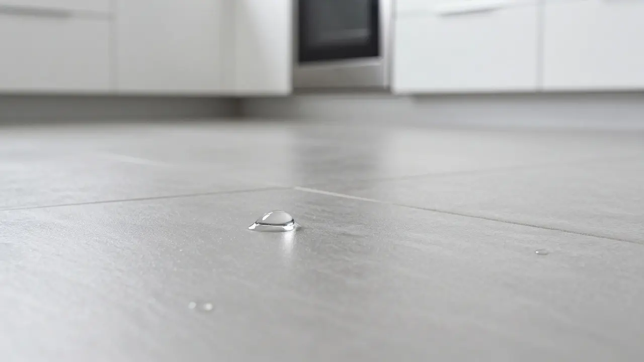Wassertropfen auf wasserfestem Vinylboden in der Küche