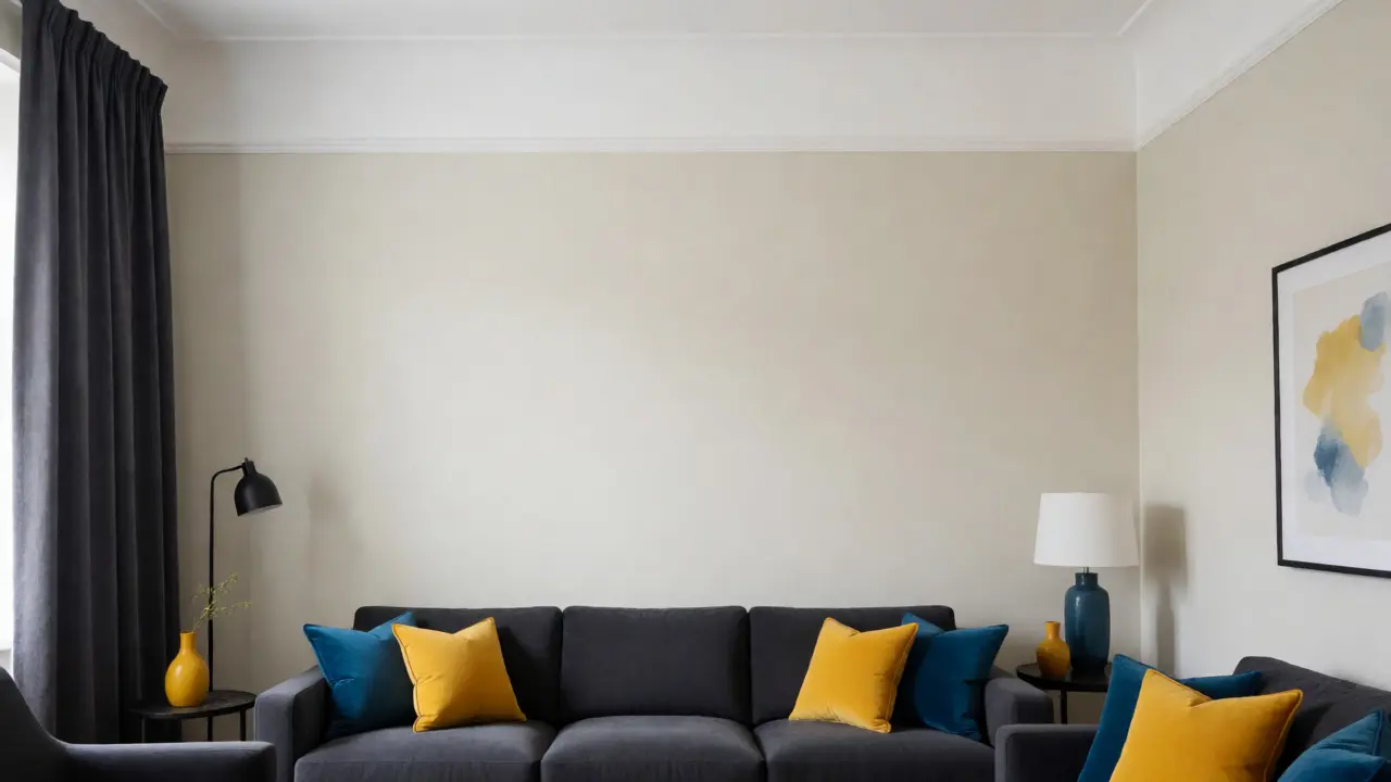 Wohnzimmer mit Beige-Wänden, grauen Möbeln und gelben Akzenten