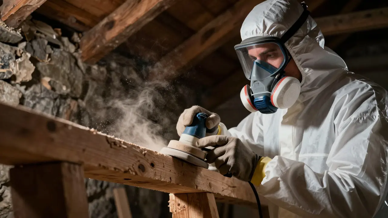 Worker in protective gear sanding an old wooden beam, generating visible dust clouds in a dim attic