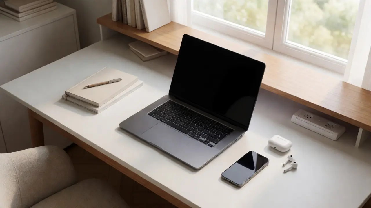 Aufgeräumter Schreibtisch mit Laptop und Smartphone an einer ergonomisch platzierten USB-Dose.