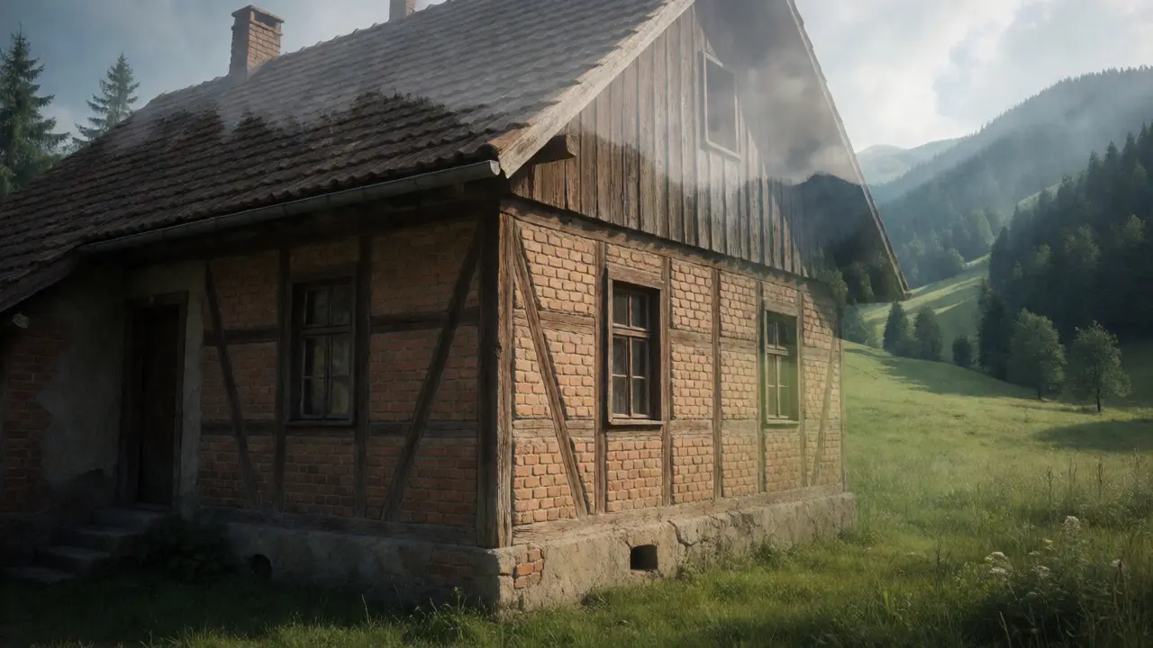 Doppelbelichtung eines alten Hauses und einer Alpenlandschaft für Sachwert.