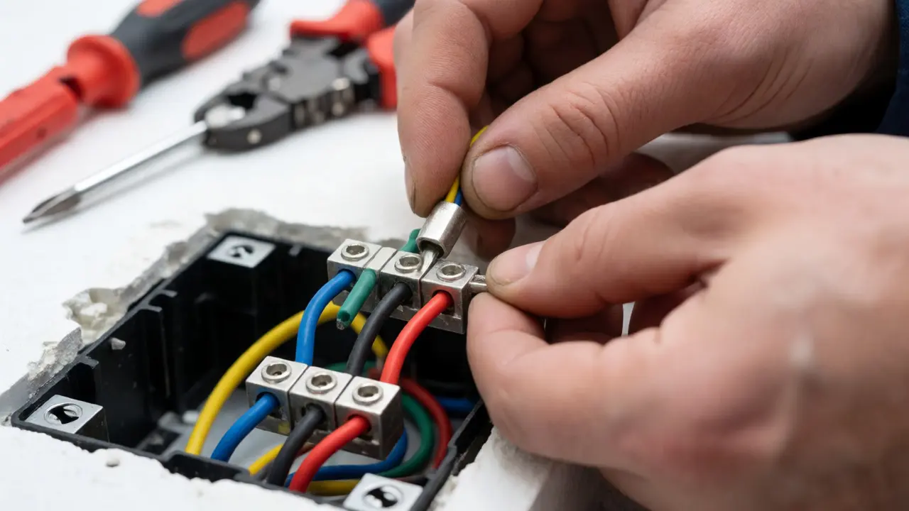 Elektriker schließt Kabel sicher an eine tiefere Schalterdose für USB-PD-Module an.