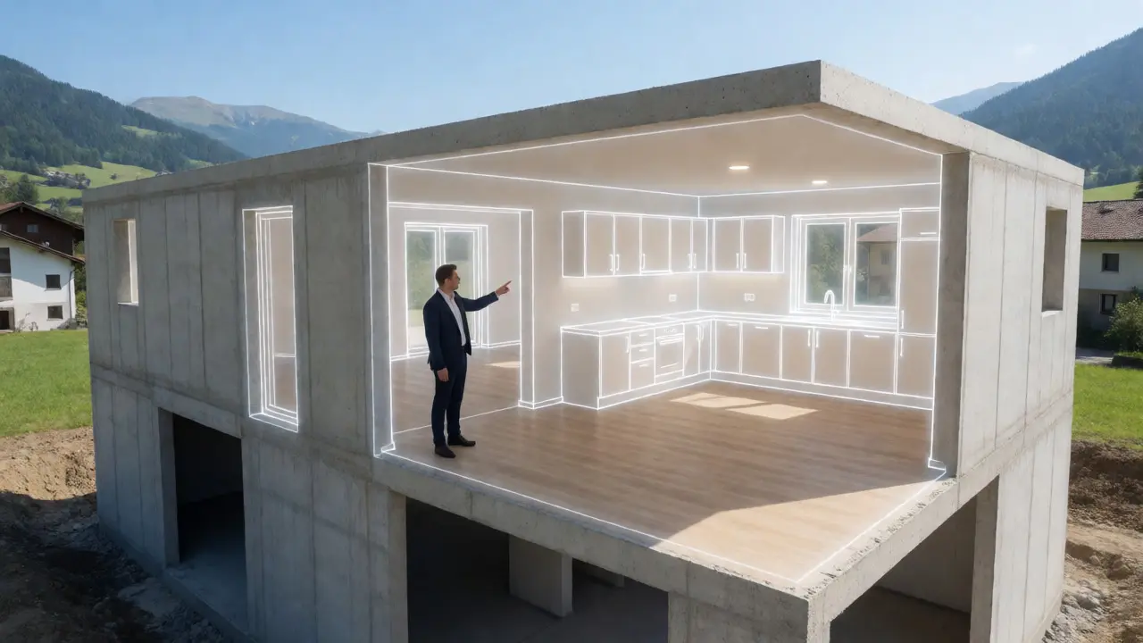 Holografische Inneneinrichtung über Rohbau auf Baustelle visualisiert