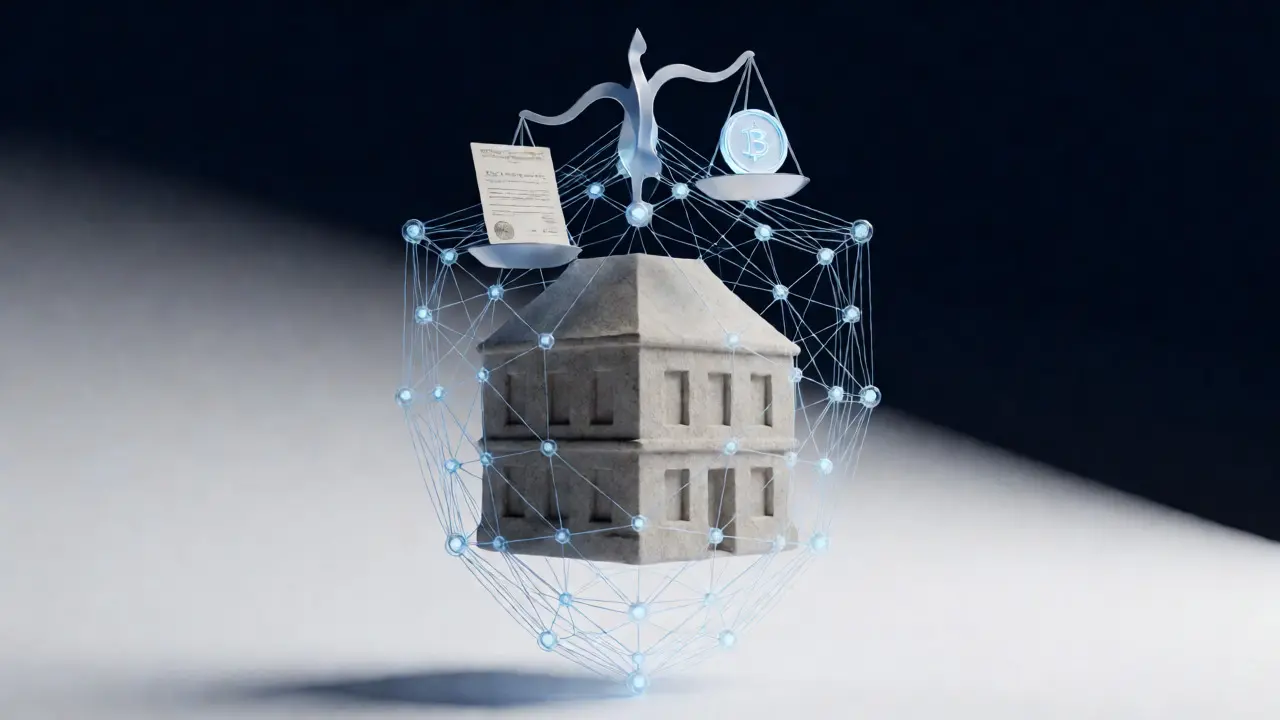 Konzeptgrafik: Immobilienrecht und Blockchain-Schutzschild