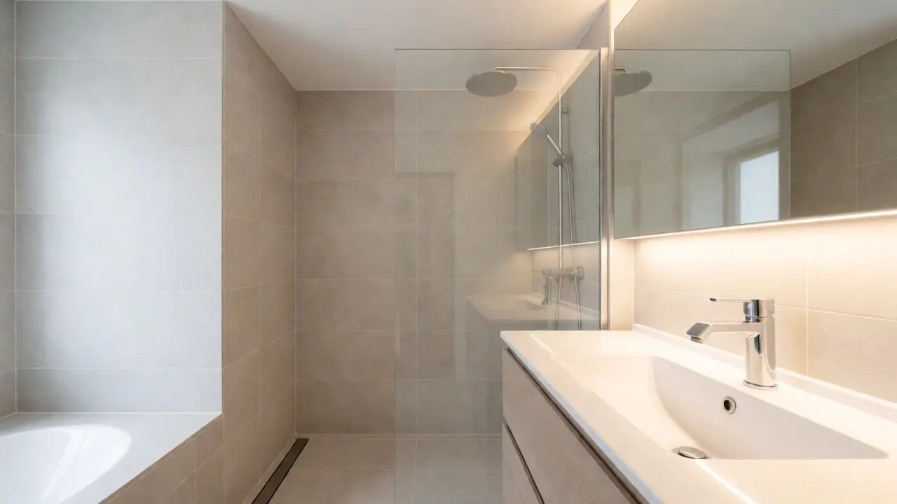 Modernes renoviertes Badezimmer mit begehbarer Dusche und großen Fliesen