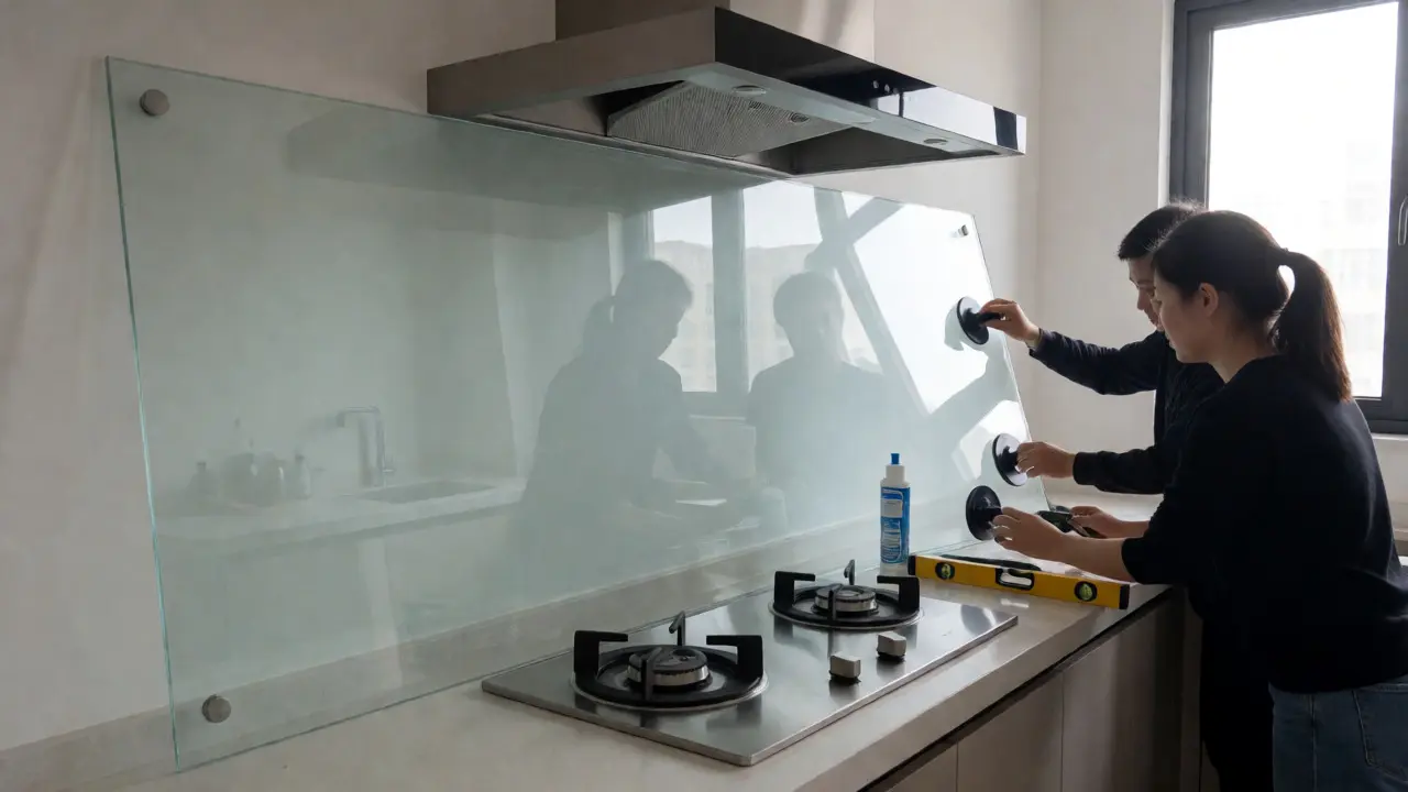 Montage einer großen Glasrückwand in einer modernen Küche durch zwei Personen