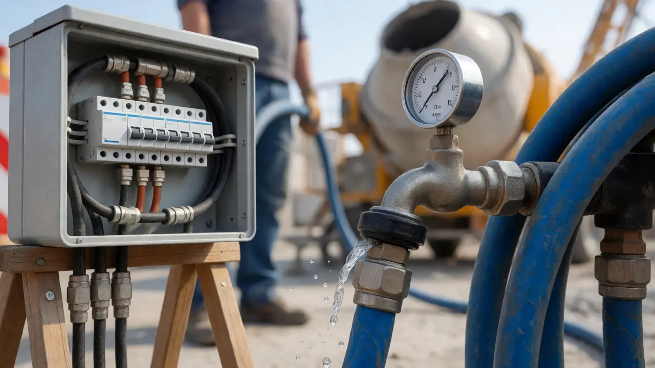 Nahaufnahme von Baustromverteiler und Wasserhahn mit Druckanzeige